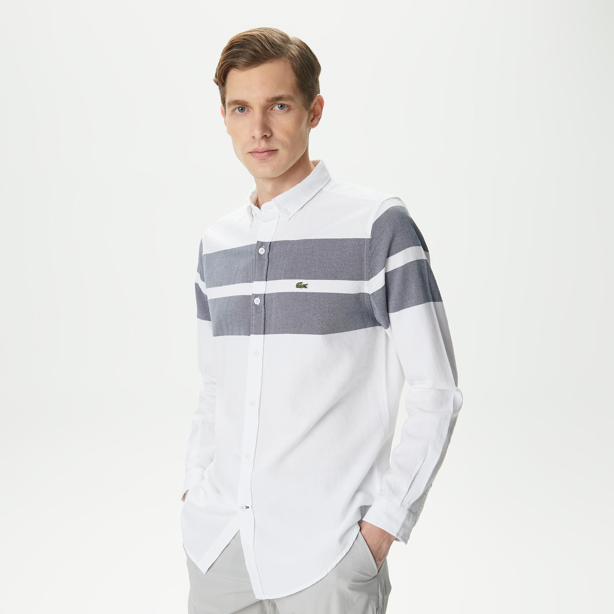 Erkek Slim Fit Renk Bloklu Beyaz Gömlek