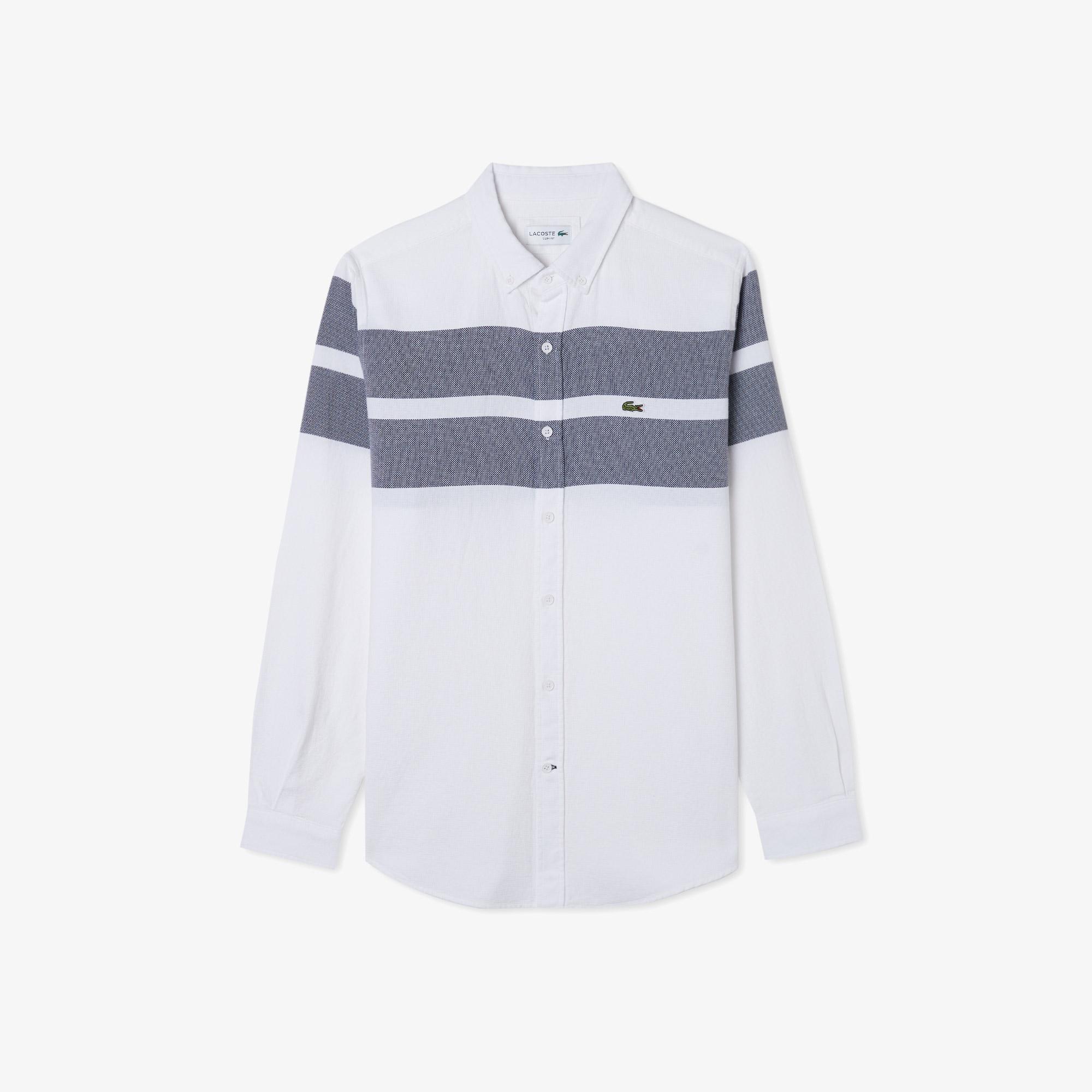 Erkek Slim Fit Renk Bloklu Beyaz Gömlek