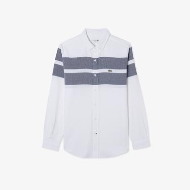  Erkek Slim Fit Renk Bloklu Beyaz Gömlek