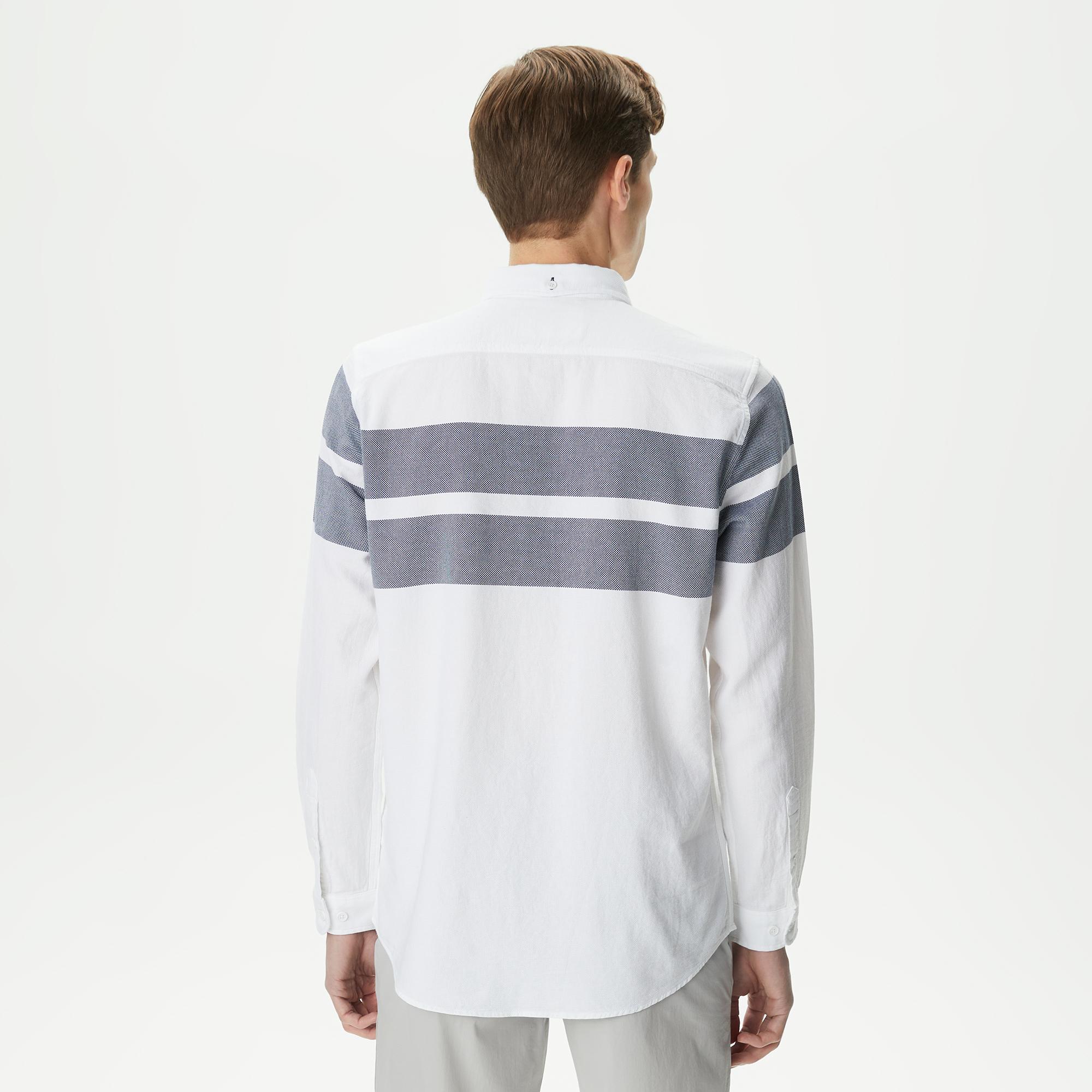 Erkek Slim Fit Renk Bloklu Beyaz Gömlek