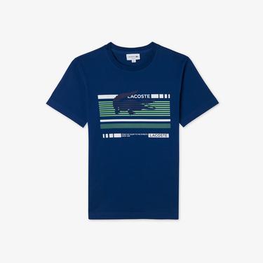  Erkek Slim Fit Bisiklet Yaka Baskılı Lacivert T-Shirt