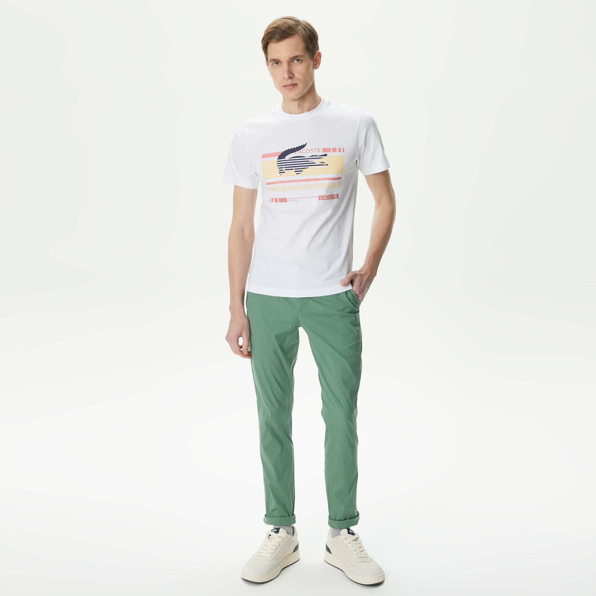 Erkek Slim Fit Bisiklet Yaka Baskılı Beyaz T-Shirt
