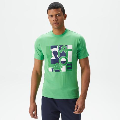  Erkek Slim Fit Bisiklet Yaka Baskılı Yeşil T-Shirt