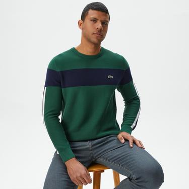  Erkek Regular Fit Bisiklet Yaka Renk Bloklu Yeşil Kazak