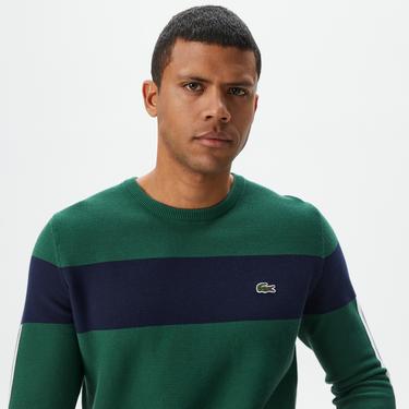  Erkek Regular Fit Bisiklet Yaka Renk Bloklu Yeşil Kazak