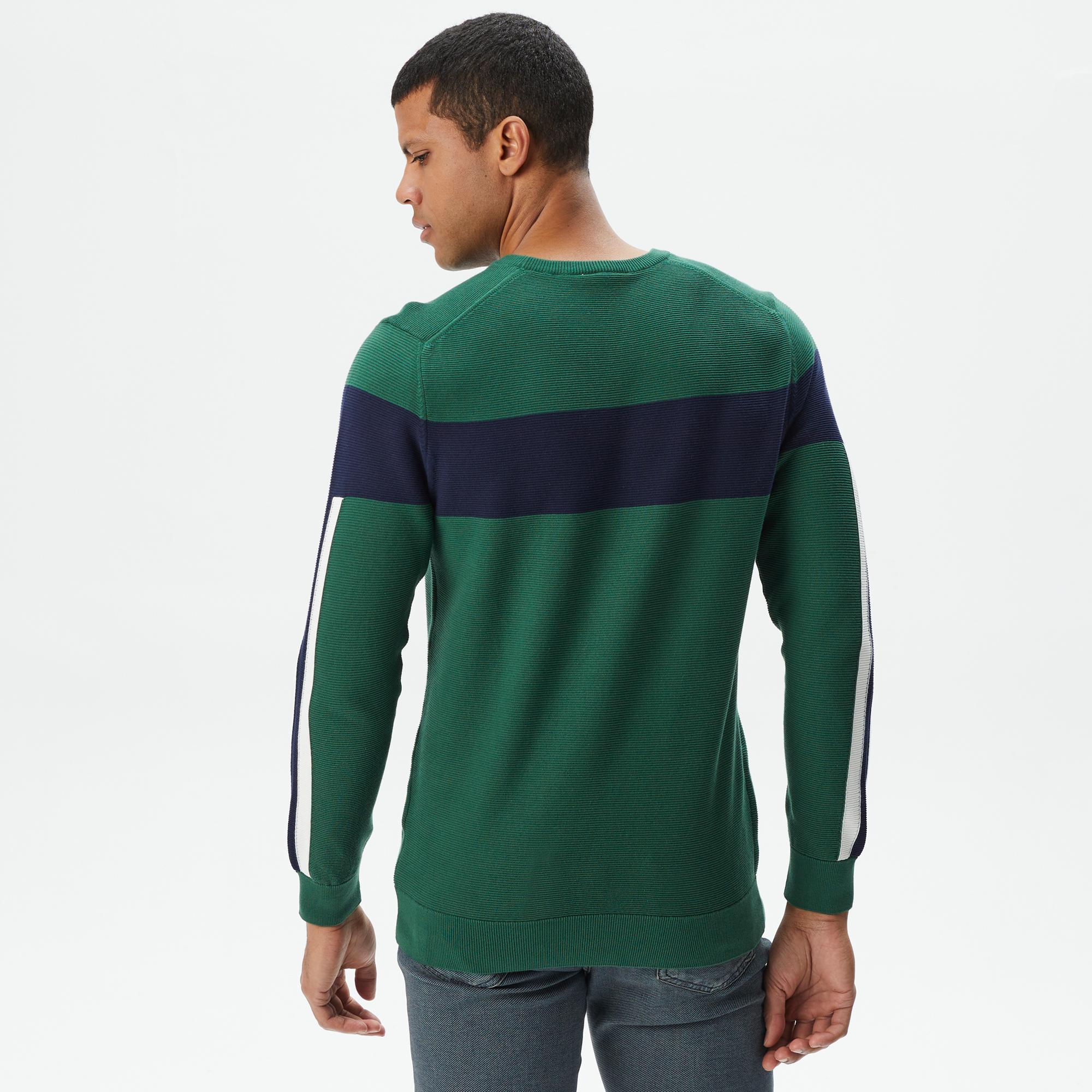 Erkek Regular Fit Bisiklet Yaka Renk Bloklu Yeşil Kazak