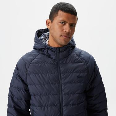  Erkek Kapüşonlu Monogram Çift Taraflı Lacivert Bomber Ceket