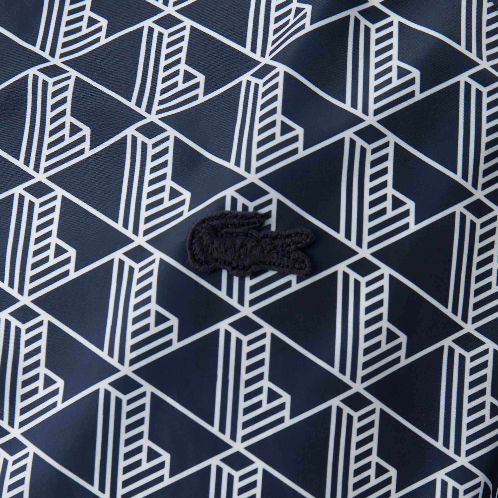 Erkek Kapüşonlu Monogram Çift Taraflı Lacivert Bomber Ceket