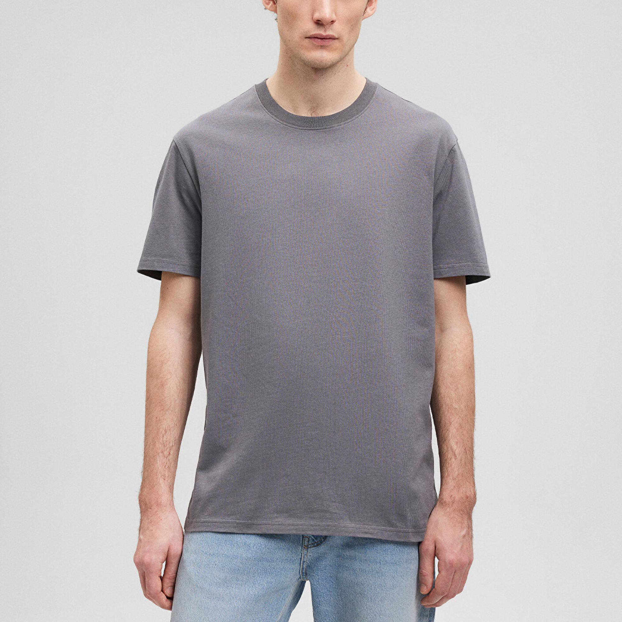 Mavi Bisiklet Yaka Gri Basic Tişört Loose Fit / Bol Rahat Kesim 066249-86569