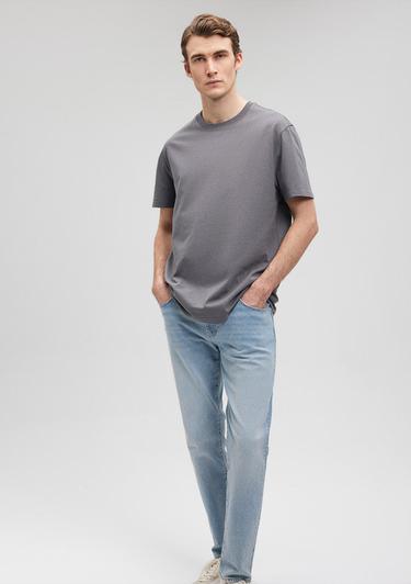  Mavi Bisiklet Yaka Gri Basic Tişört Loose Fit / Bol Rahat Kesim 066249-86569