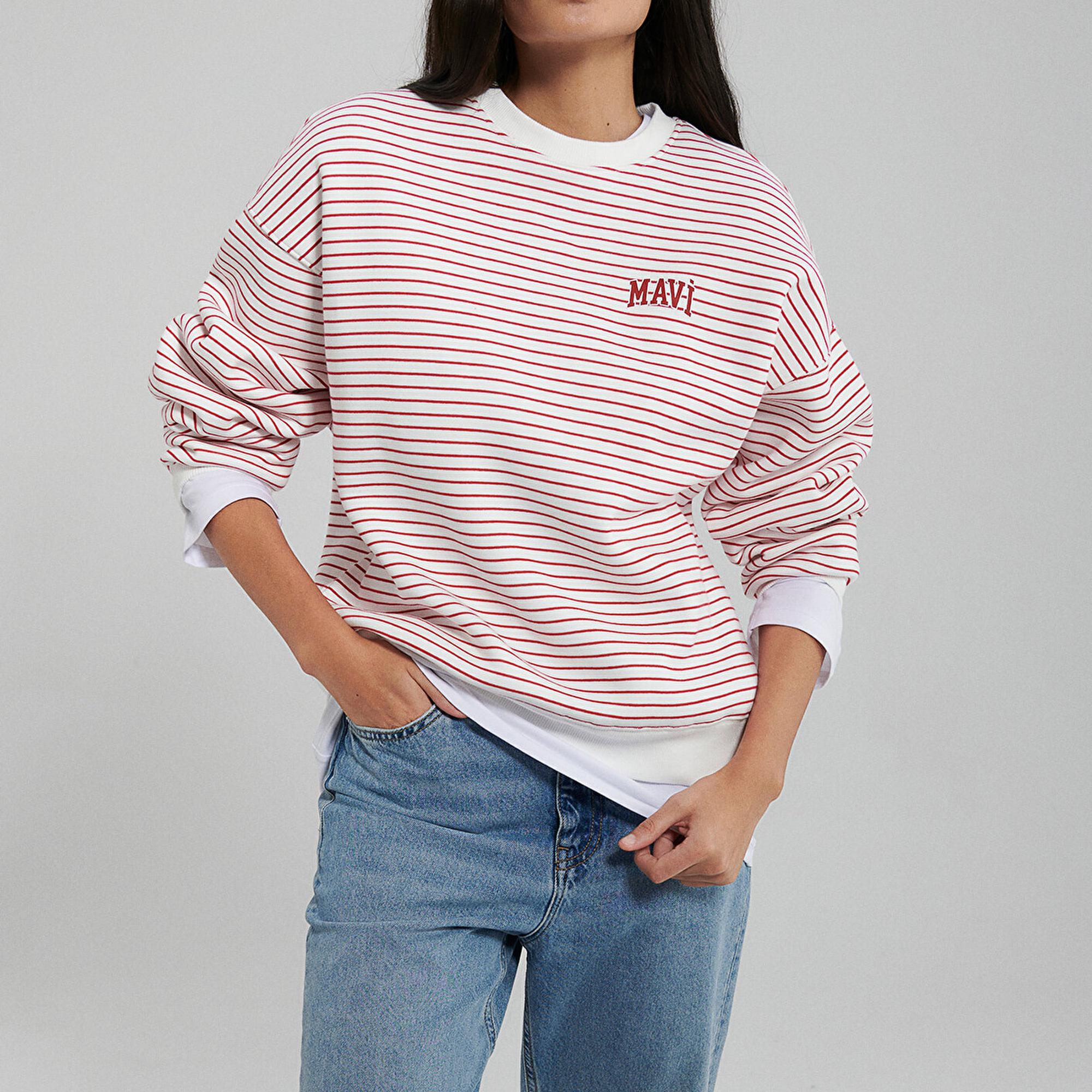Mavi Mavi Logo Baskılı Kırmızı Çizgili Sweatshirt 1S10100-86680