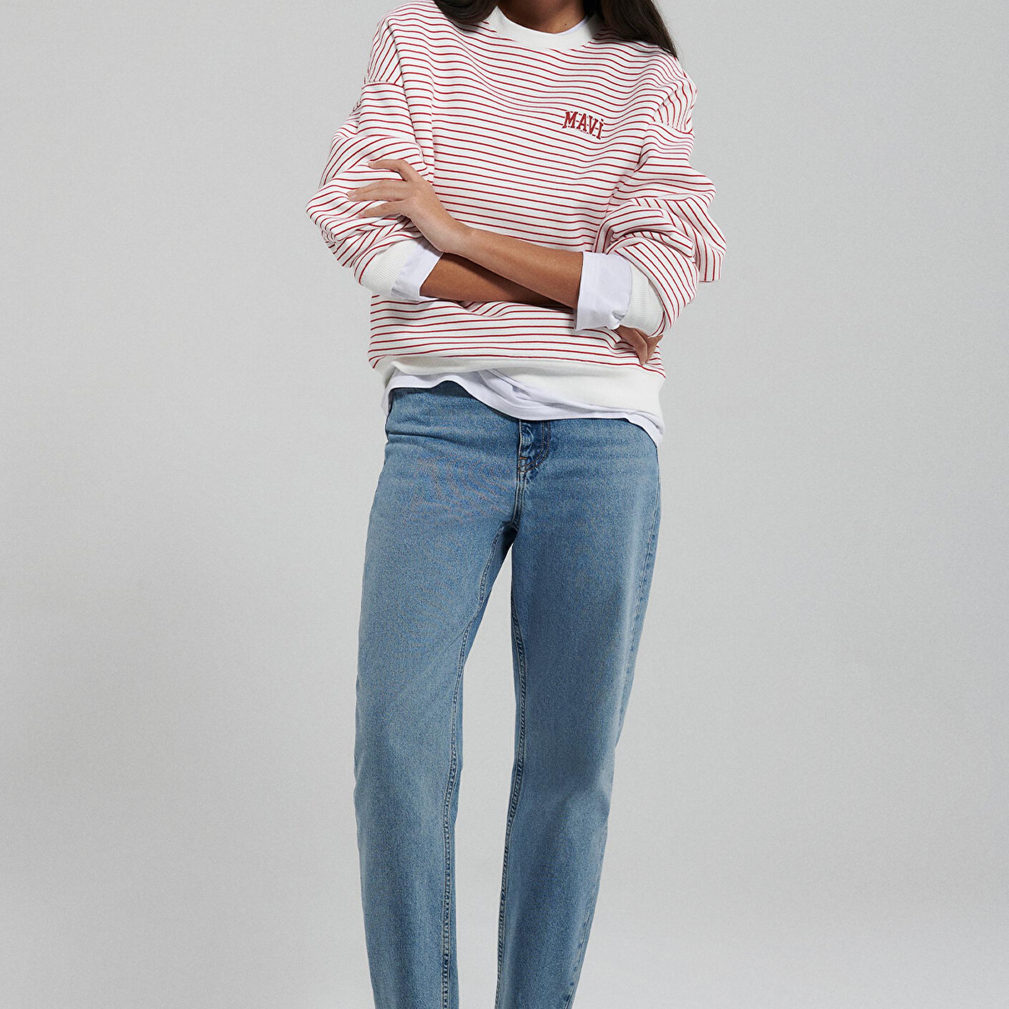 Mavi Mavi Logo Baskılı Kırmızı Çizgili Sweatshirt 1S10100-86680