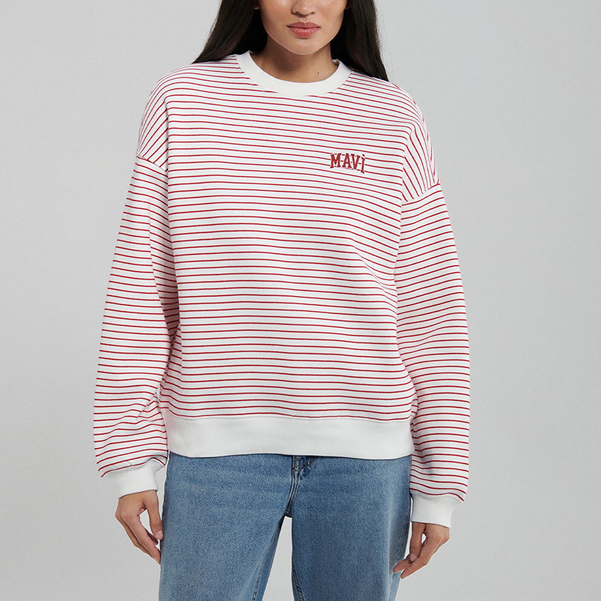 Mavi Mavi Logo Baskılı Kırmızı Çizgili Sweatshirt 1S10100-86680