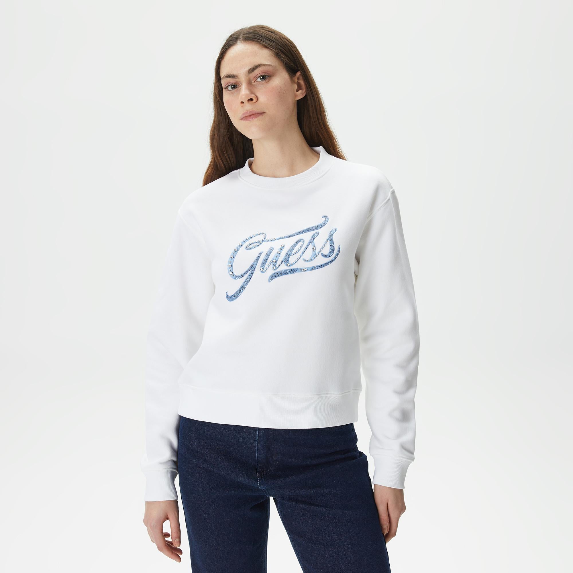 Guess CN Stones Kadın Beyaz Sweatshirt