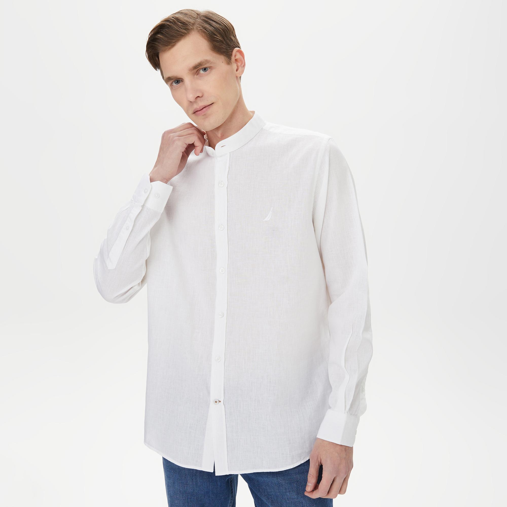 Nautica Erkek Beyaz Classic Fit Keten Gömlek