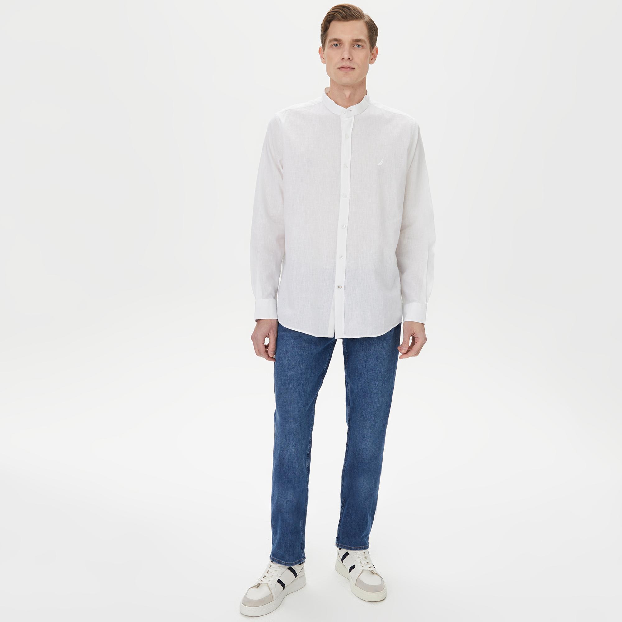 Nautica Erkek Beyaz Classic Fit Keten Gömlek
