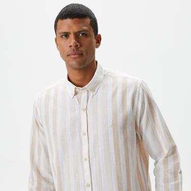  Nautica Erkek Kırık Beyaz Classic Fit Uzun Kollu Çizgili Keten Gömlek