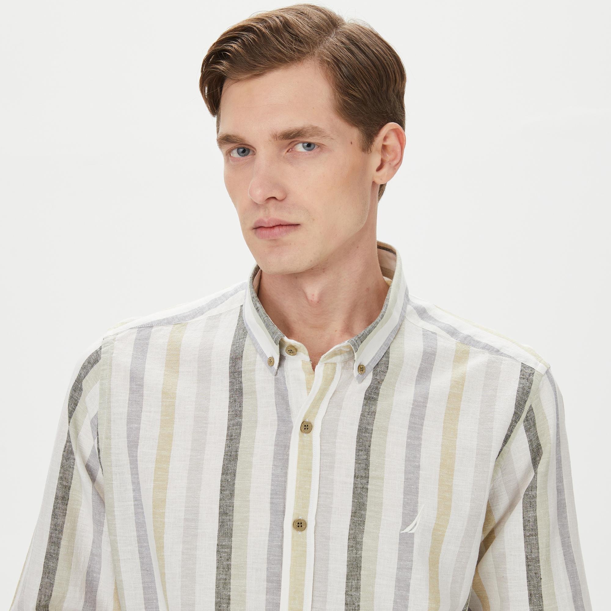 Nautica Erkek Yeşil Classic Fit Uzun Kollu Çizgili Gömlek