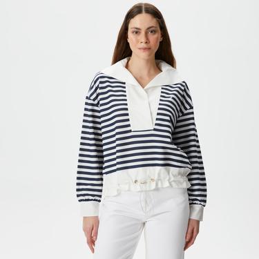  Nautica Kadın Lacivert Relaxed Fit Dik Yaka Çizgili Sweatshirt