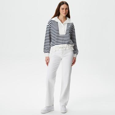  Nautica Kadın Lacivert Relaxed Fit Dik Yaka Çizgili Sweatshirt