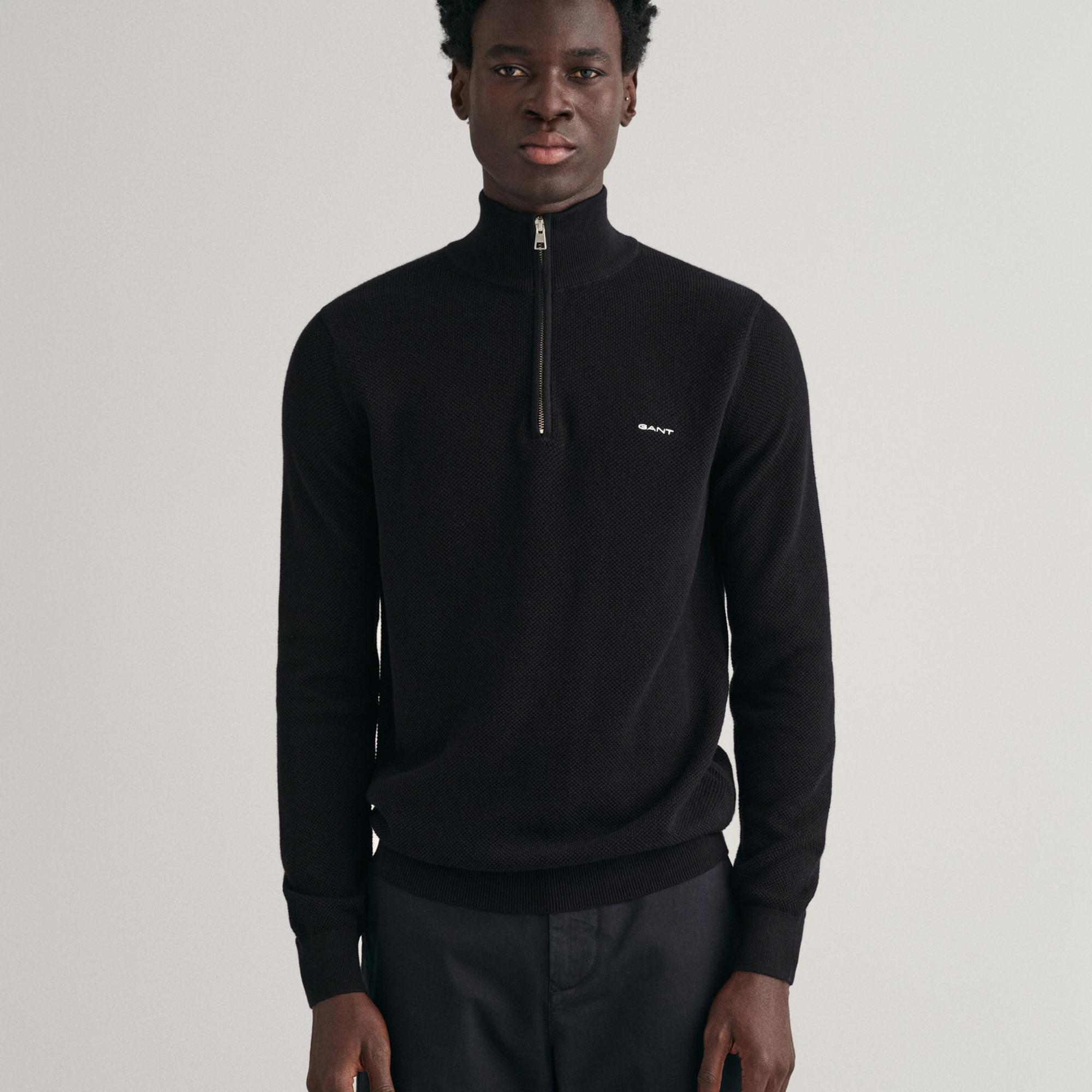 GANT Erkek Siyah Regular Fit Yarım Fermuarlı Kazak