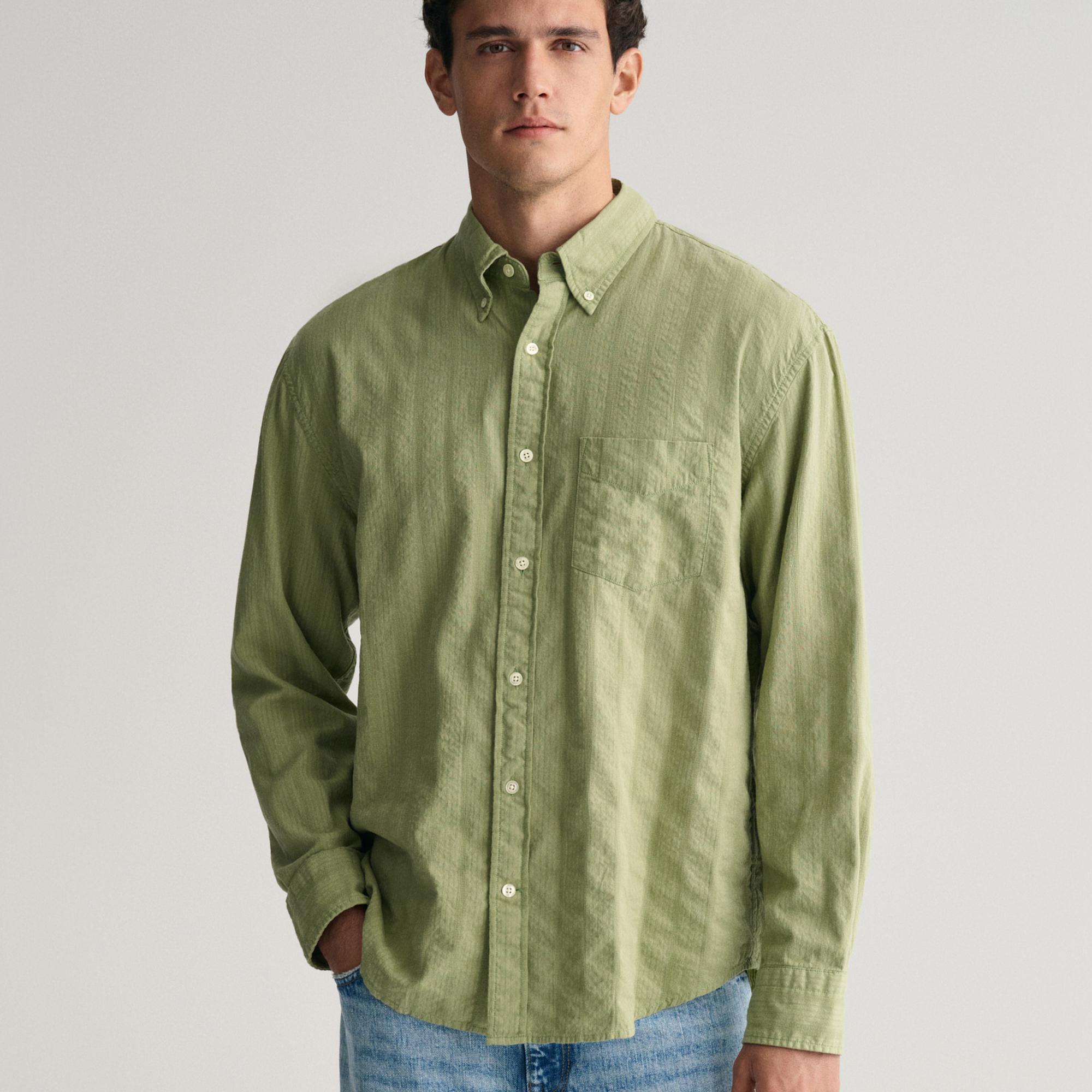 GANT Erkek Yeşil Relaxed Fit Düğmeli Yaka Çizgili Gömlek