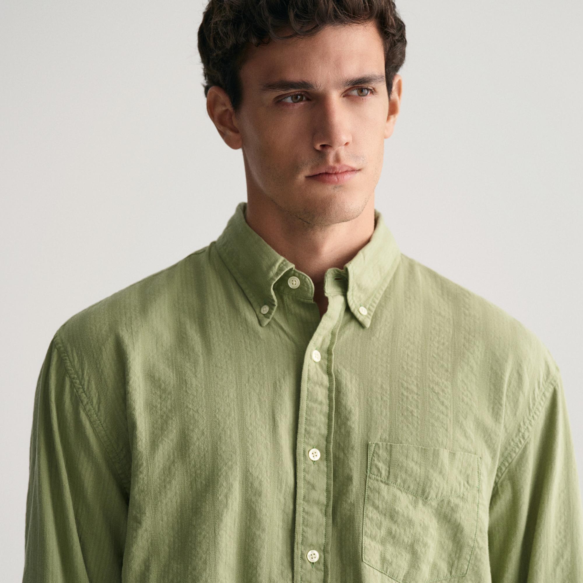 GANT Erkek Yeşil Relaxed Fit Düğmeli Yaka Çizgili Gömlek