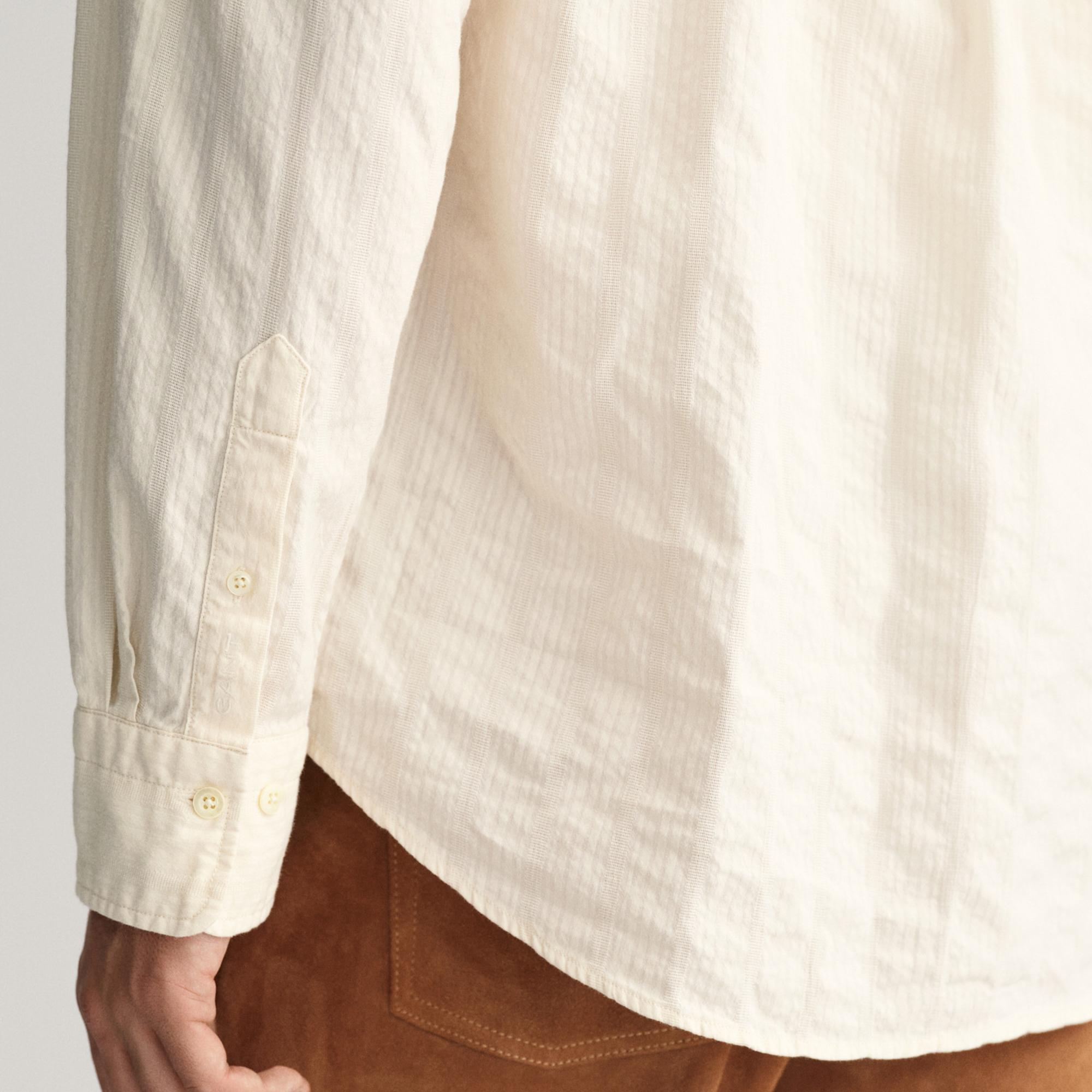 GANT Erkek Bej Relaxed Fit Düğmeli Yaka Çizgili Gömlek