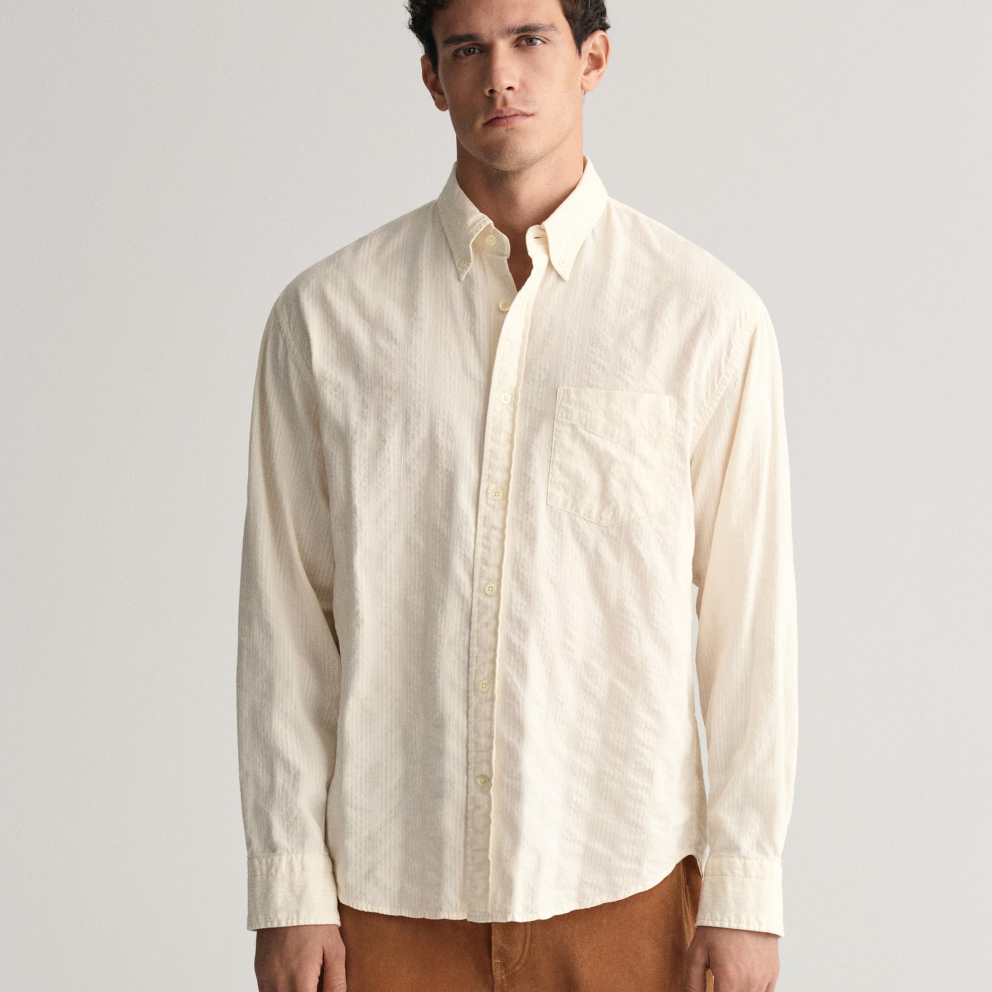 GANT Erkek Bej Relaxed Fit Düğmeli Yaka Çizgili Gömlek