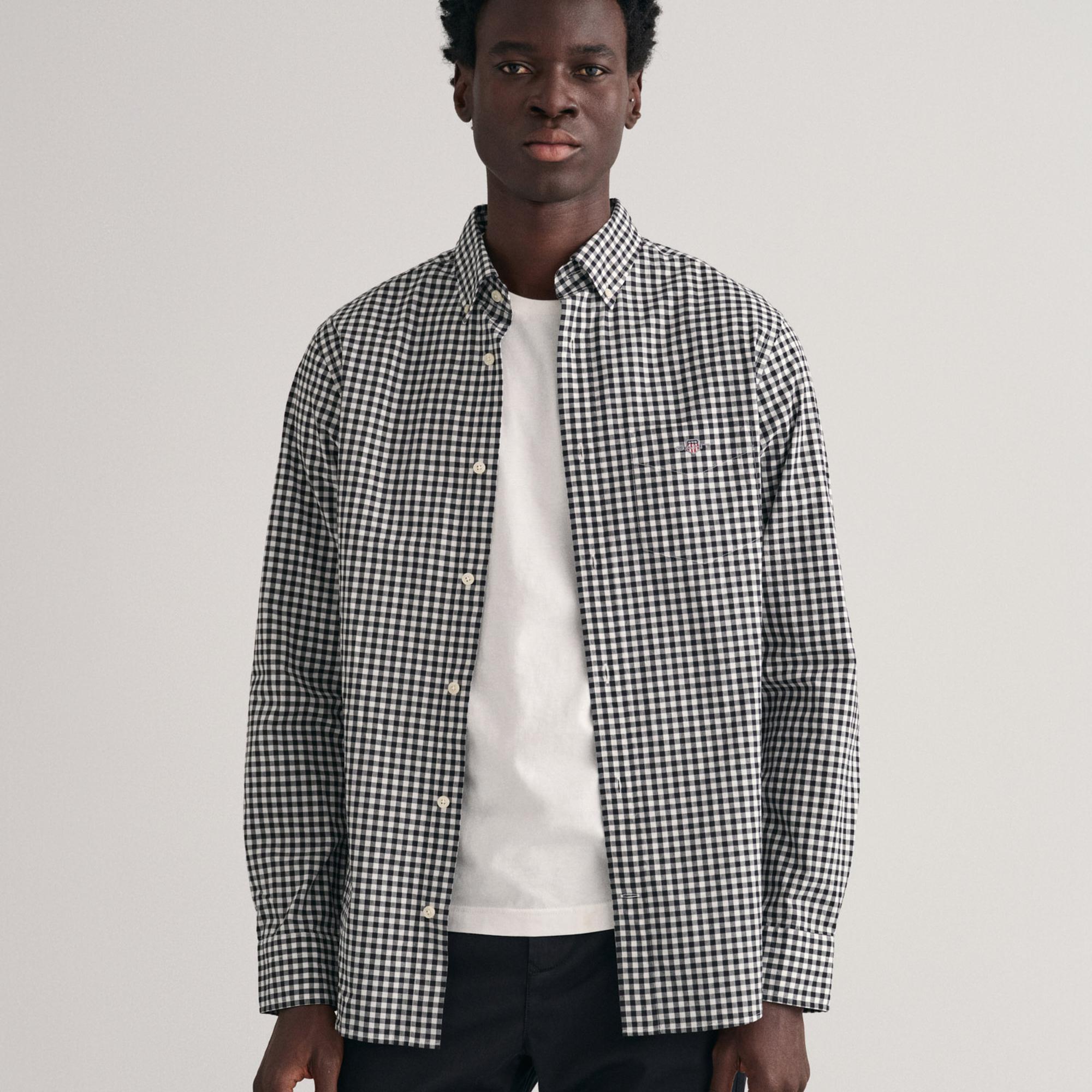 GANT Erkek Siyah Regular Fit Düğmeli Yaka Kareli Gömlek