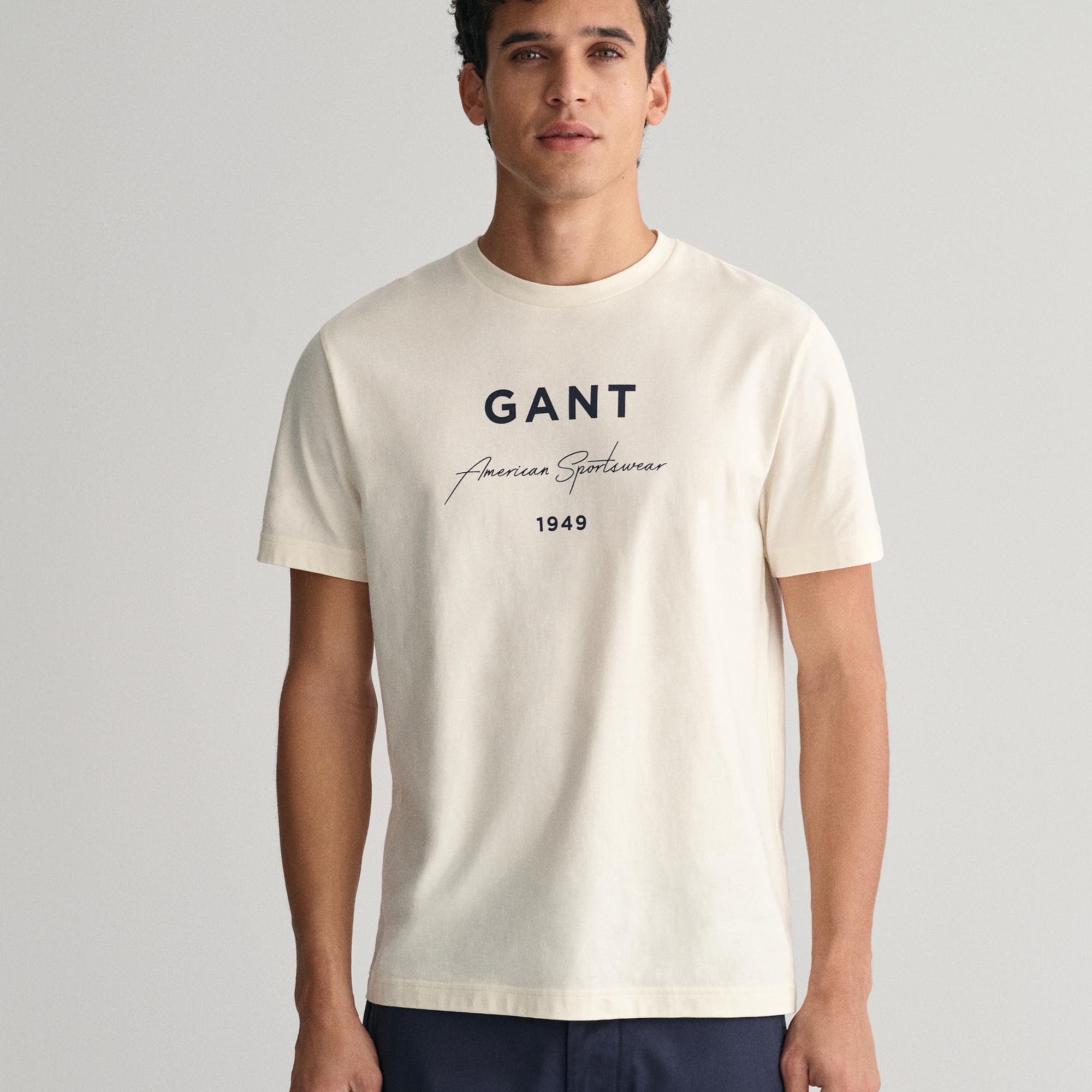 GANT Erkek Krem Regular Fit Bisiklet Yaka Logolu T-shirt