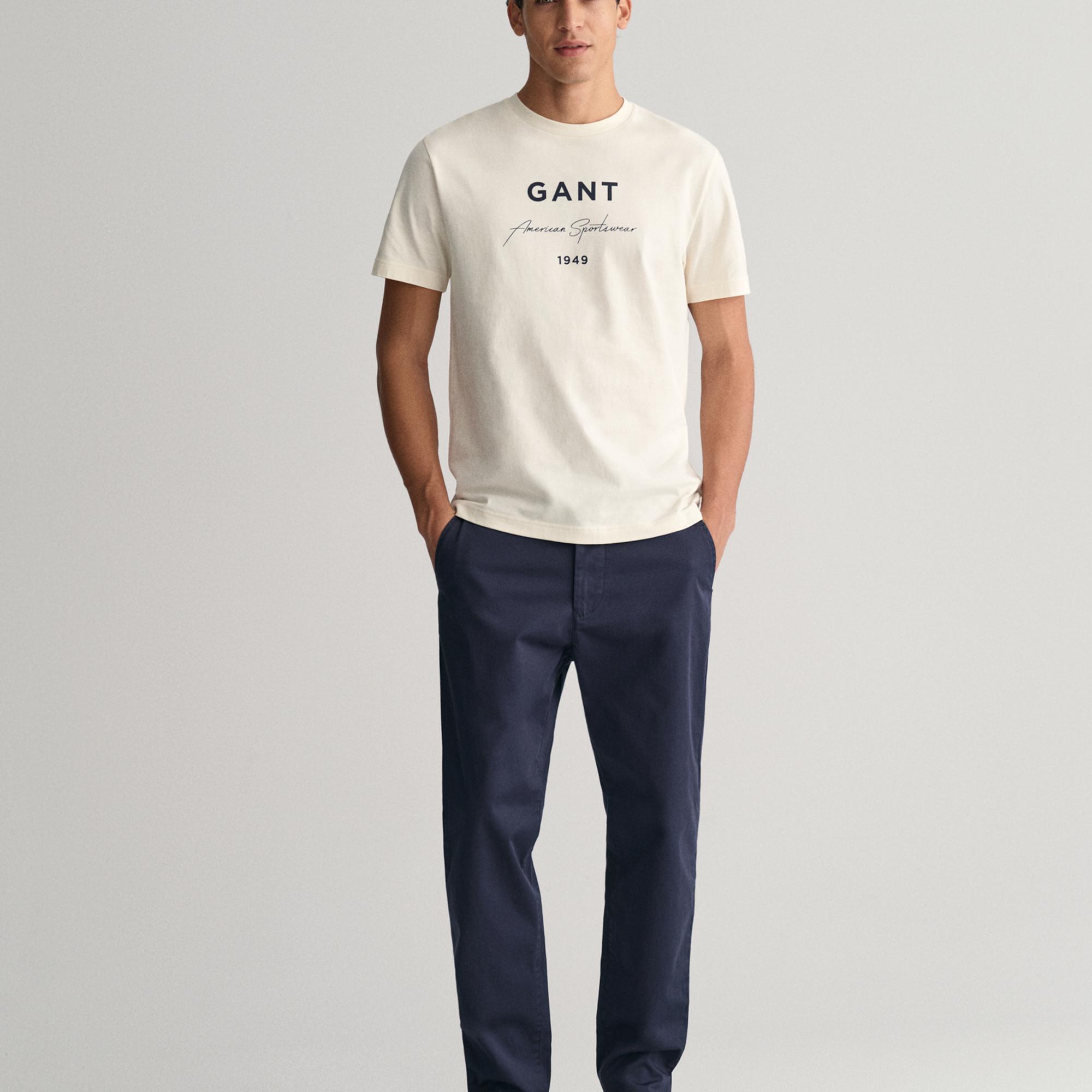 GANT Erkek Krem Regular Fit Bisiklet Yaka Logolu T-shirt