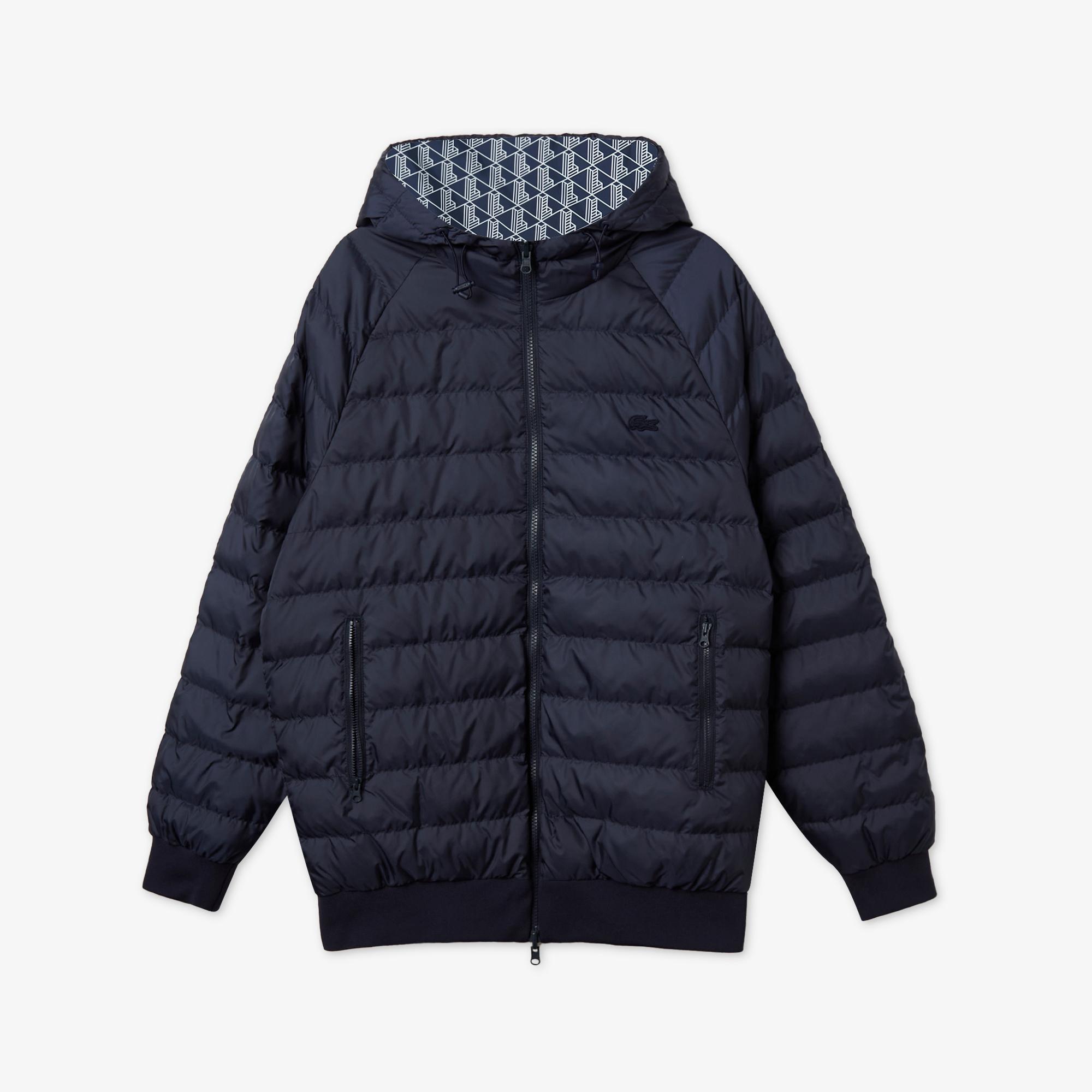 Erkek Kapüşonlu Monogram Çift Taraflı Lacivert Bomber Ceket