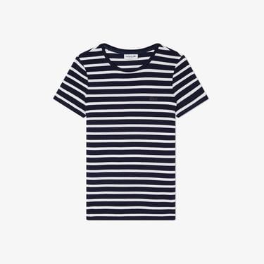  Lacoste Kadın Slim Fit Bisiklet Yaka Çizgili Lacivert T-Shirt