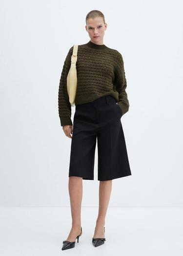  Mango Kadın Ajur Detaylı Triko Kazak Haki