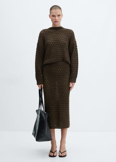  Mango Kadın Ajur Detaylı Triko Kazak Haki