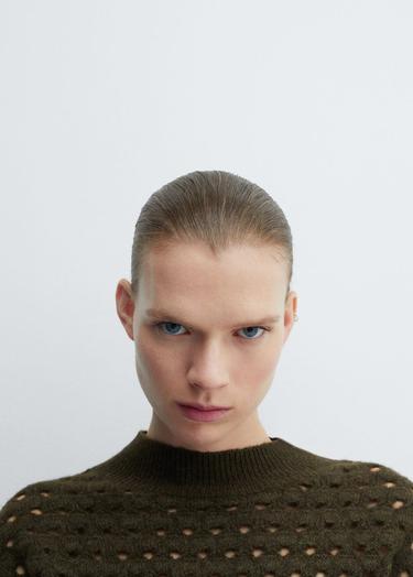  Mango Kadın Ajur Detaylı Triko Kazak Haki