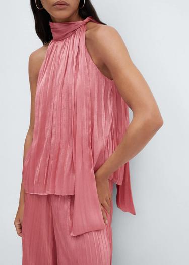  Mango Kadın Pilili Bağ Detaylı Bluz Pembe