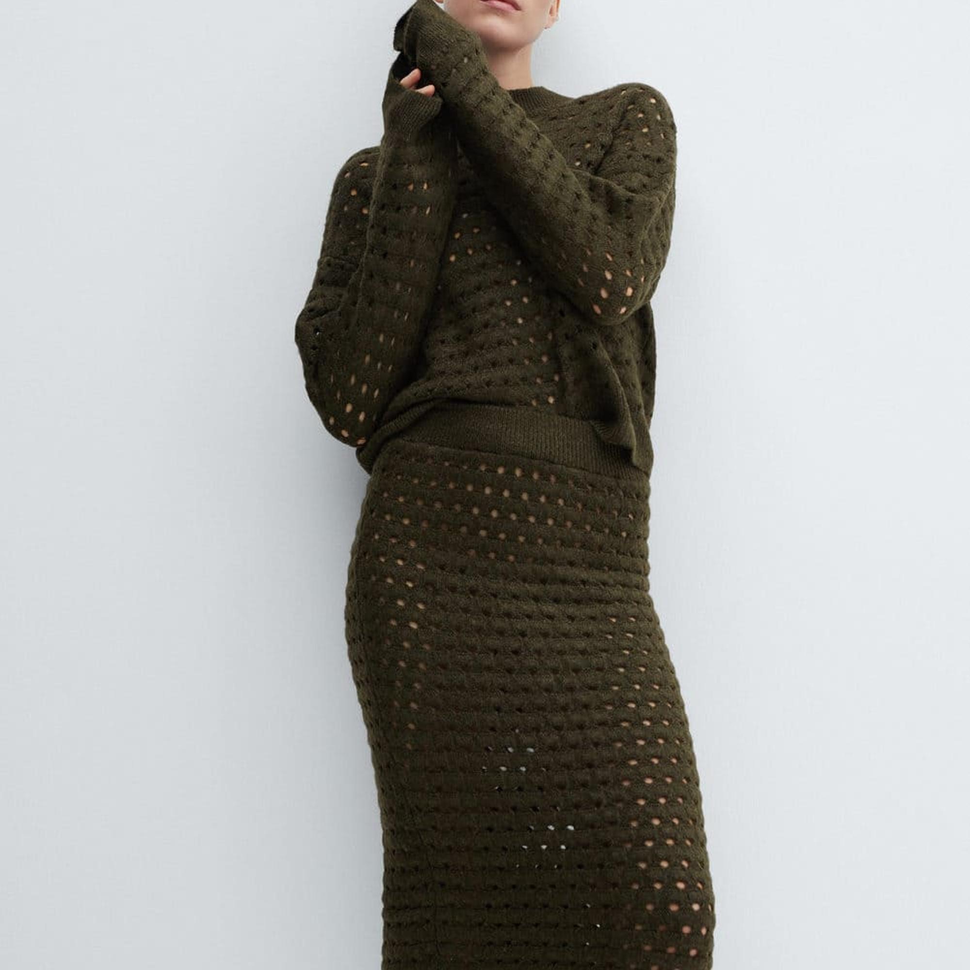 Mango Kadın Ajur Detaylı Triko Kazak Haki