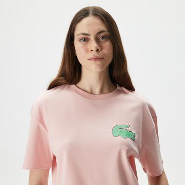  Kadın Loose Fit Bisiklet Yaka Baskılı Organik Pamuk Pembe T-Shirt