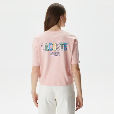  Kadın Loose Fit Bisiklet Yaka Baskılı Organik Pamuk Pembe T-Shirt