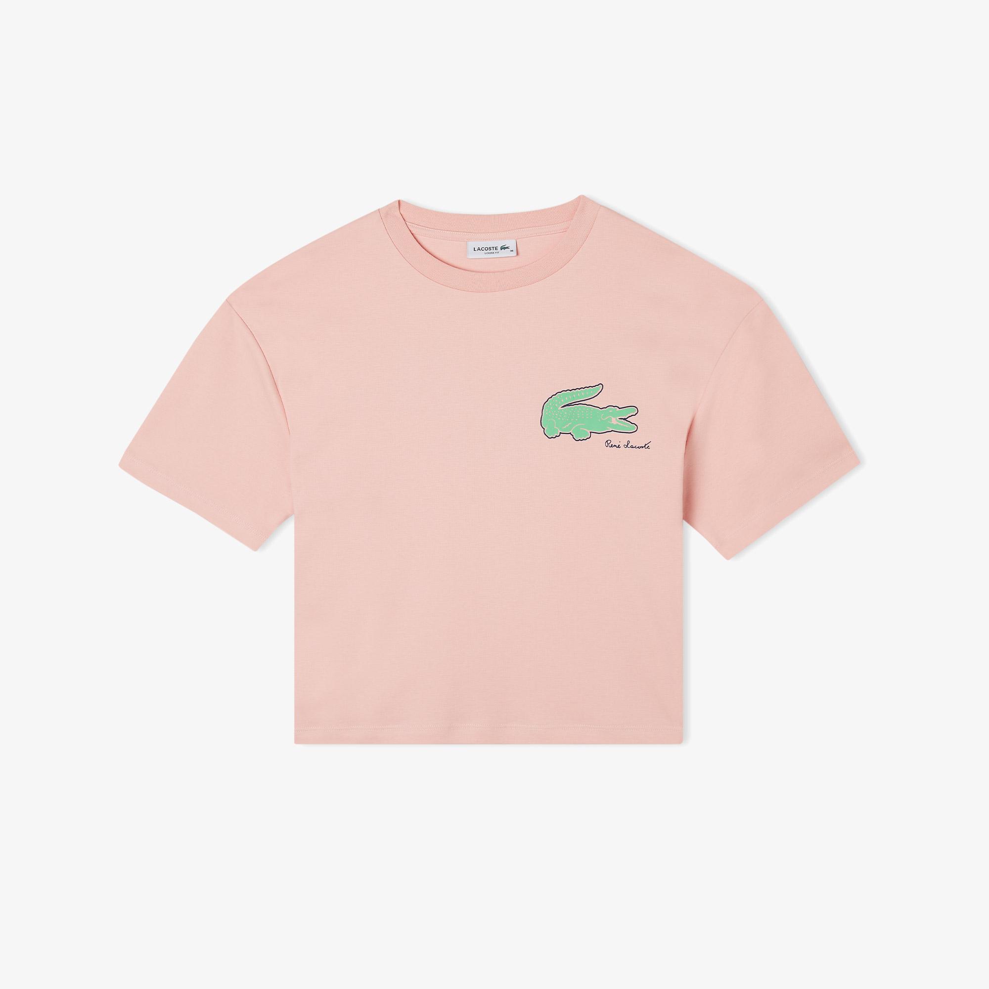 Kadın Loose Fit Bisiklet Yaka Baskılı Organik Pamuk Pembe T-Shirt