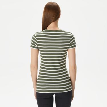  Kadın Slim Fit Bisiklet Yaka Çizgili Yeşil T-Shirt