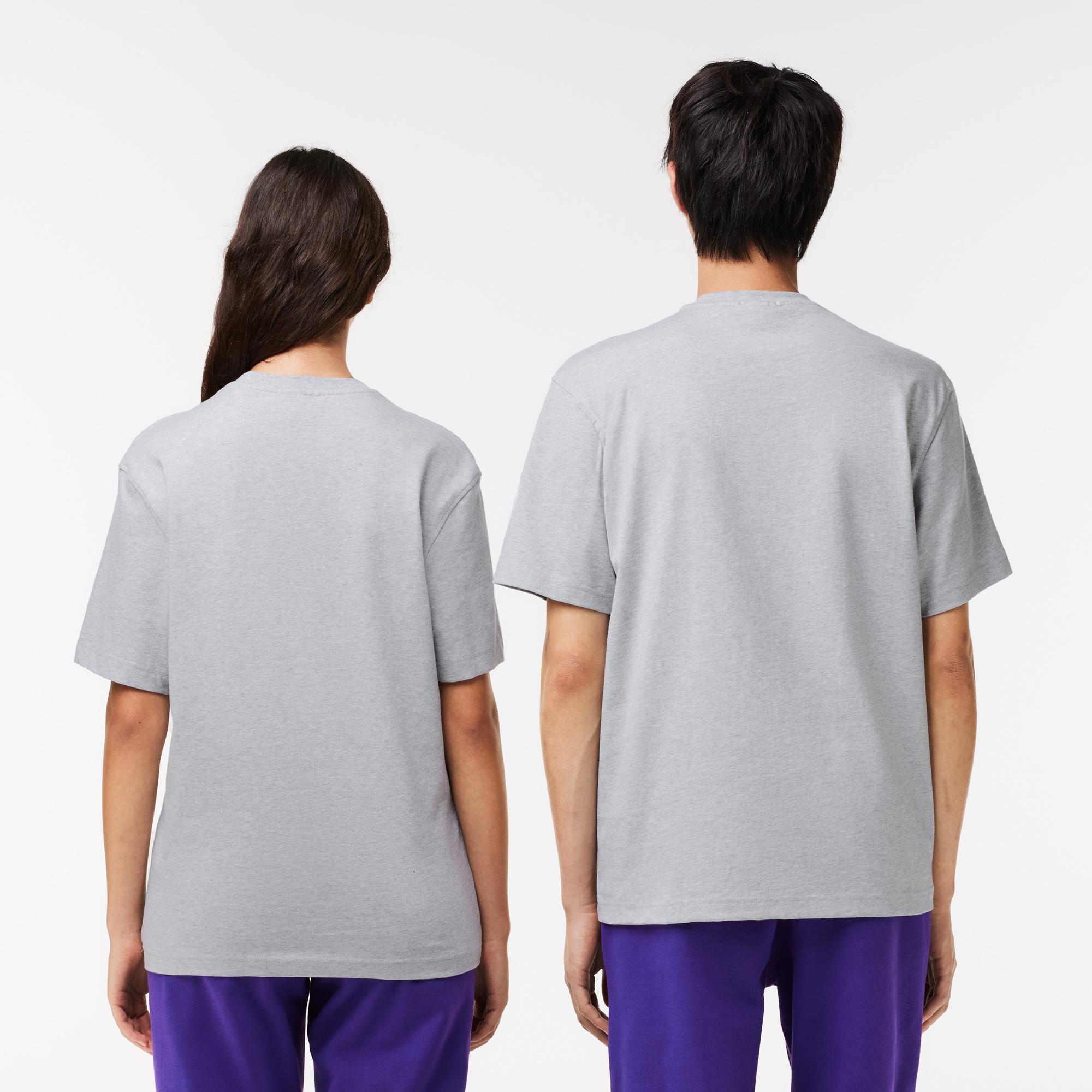Unisex Relaxed Fit Bisiklet Yaka Baskılı Gri T-Shirt