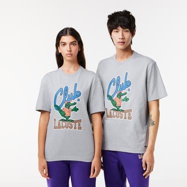  Unisex Relaxed Fit Bisiklet Yaka Baskılı Gri T-Shirt