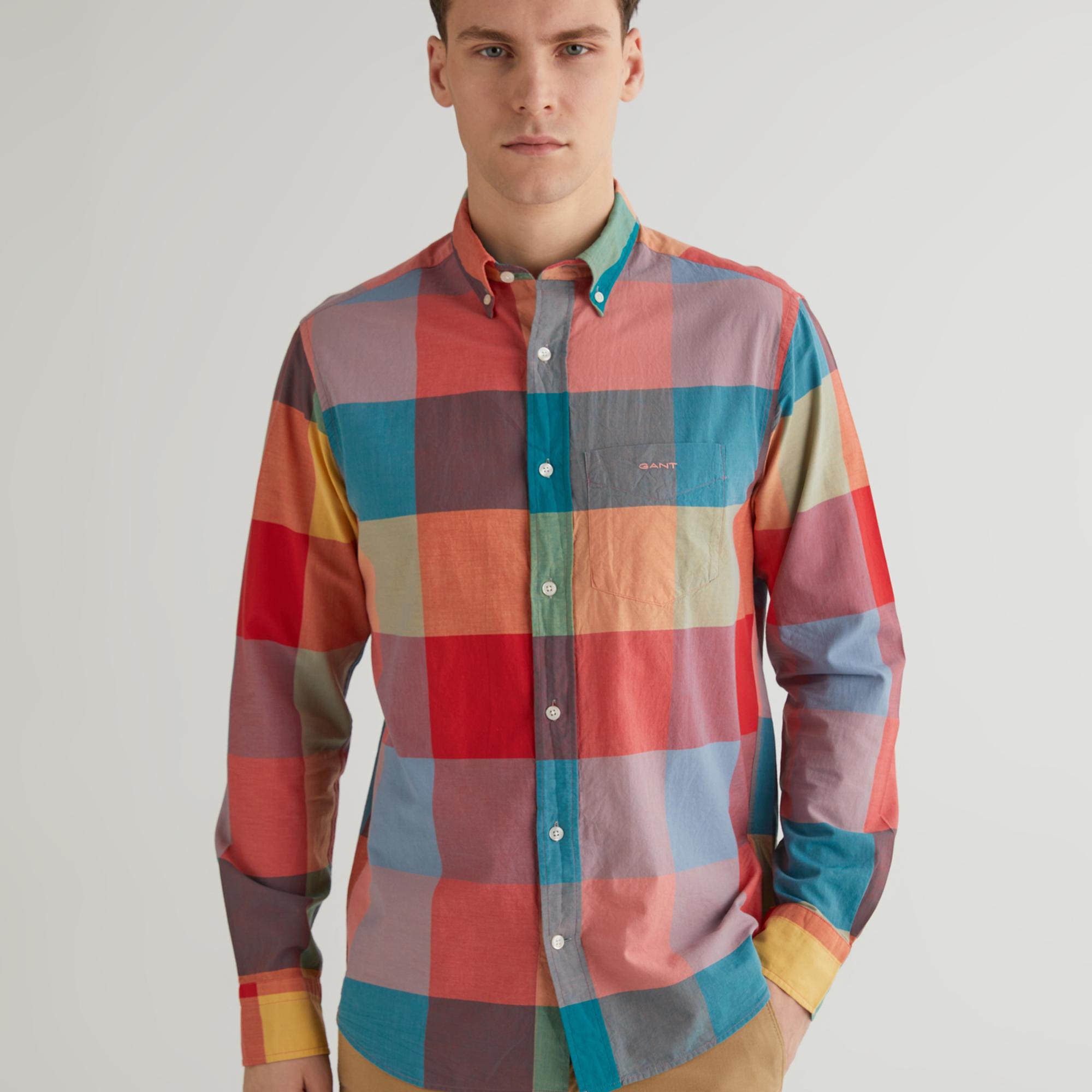 GANT Erkek Turuncu Regular Fit Düğmeli Yaka Kareli Gömlek