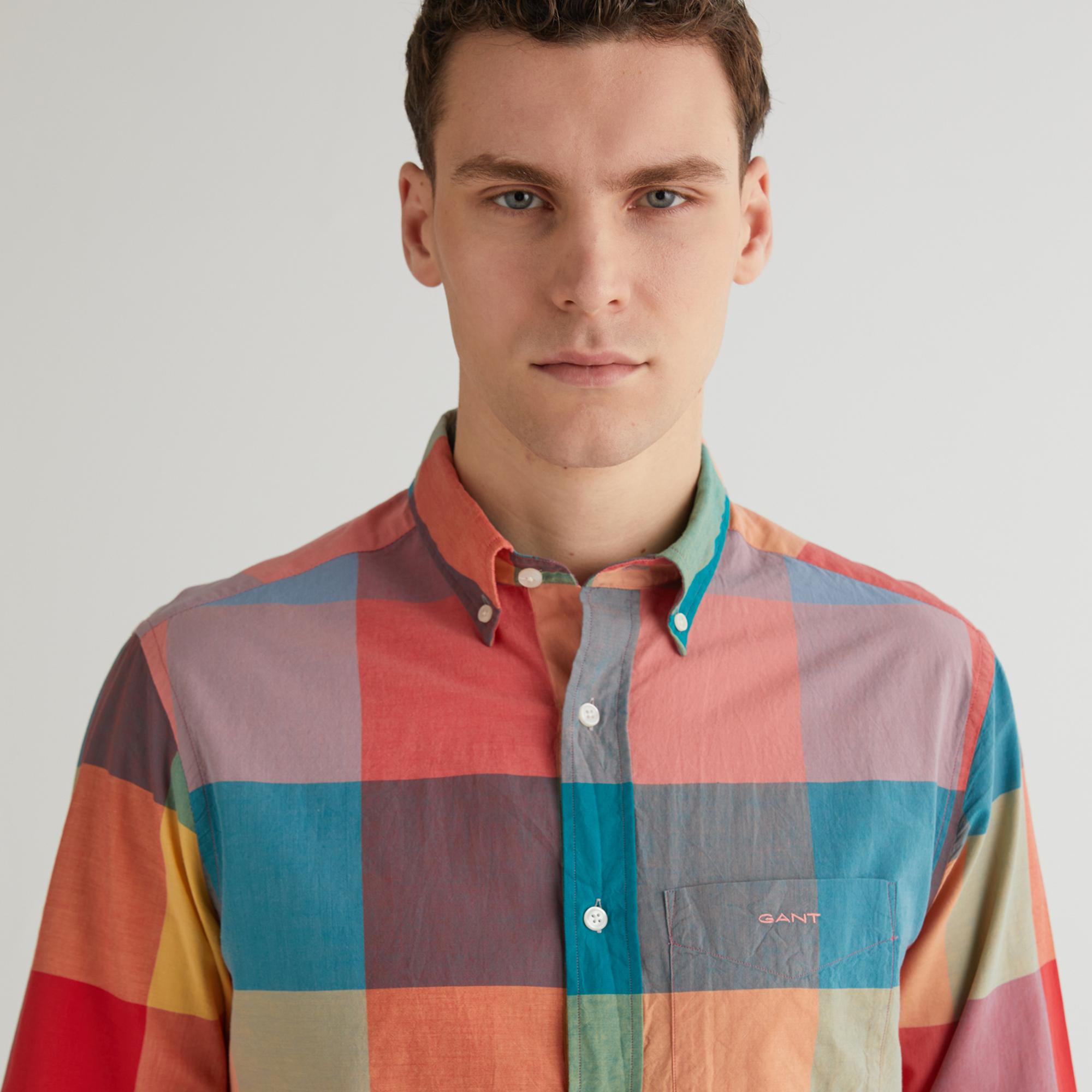 GANT Erkek Turuncu Regular Fit Düğmeli Yaka Kareli Gömlek