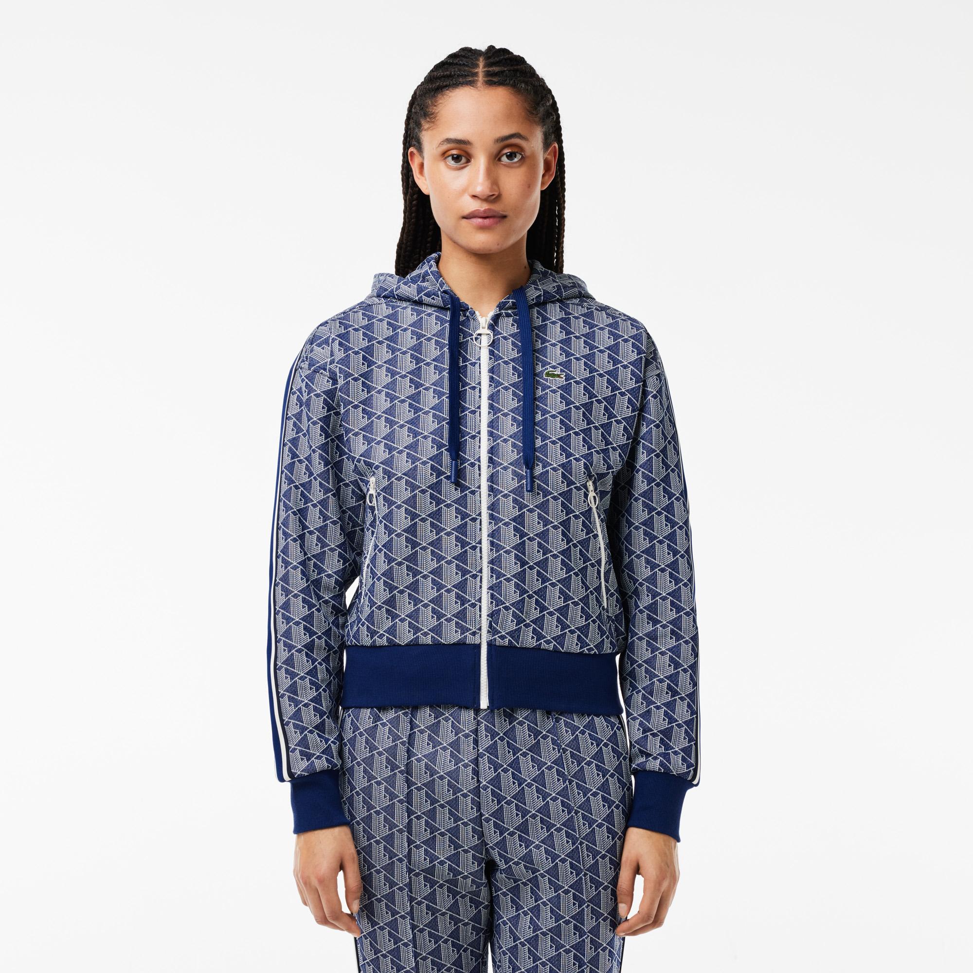 Kadın Regular Fit Kapüşonlu Monogram Mavi Sweatshirt