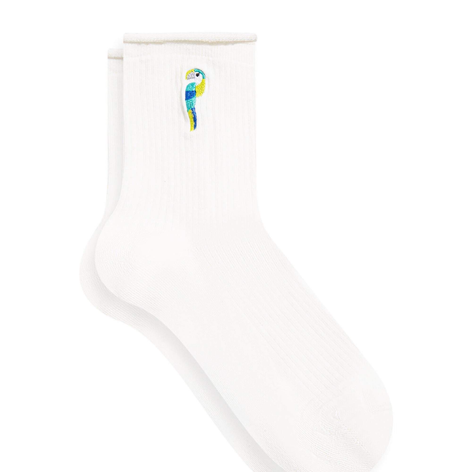 Mavi Kuş İşlemeli Beyaz Soket Çorap 1912432-34523