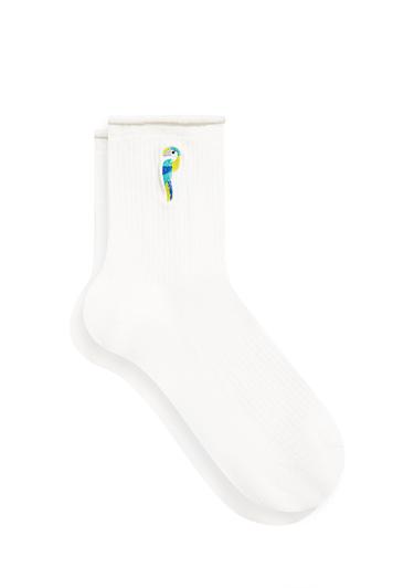  Mavi Kuş İşlemeli Beyaz Soket Çorap 1912432-34523
